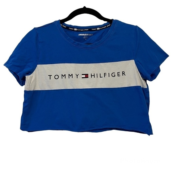 Tommy Hilfiger Blue & White Logo Cropped Shirt - Picture 1 of 4
